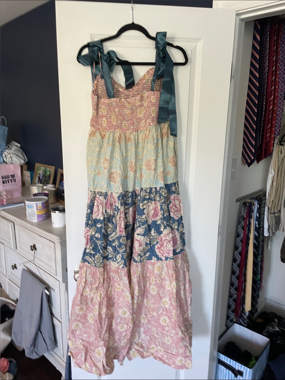 Free people maxi dress with ribbon straps. NWT. - Pink/Blue